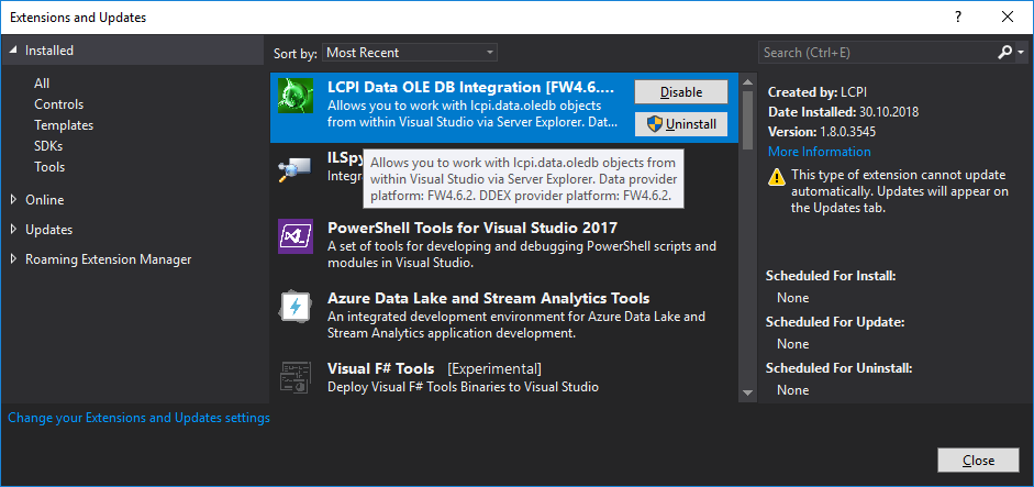 Dialog with list of Visual Studio extensions