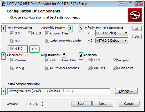 LCPI ADO.NET Installer. Selection and configuration of installed components.