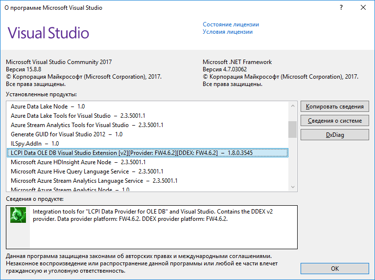 Диалог со сведениями о версии Visual Studio