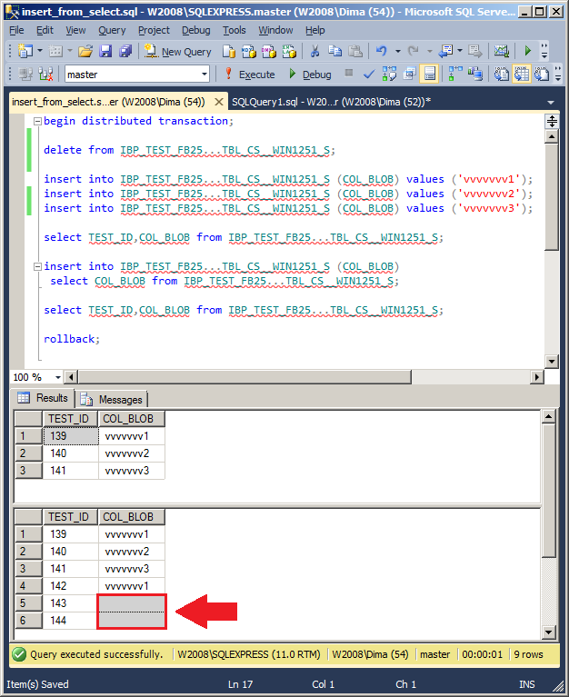 MSSQL Management Studio. Screenshot. Demonstration of incorrect work.