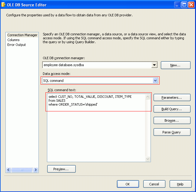 OLE DB Source based on SQL query