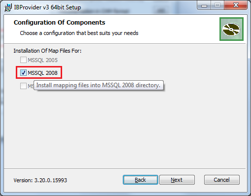 Screenshot. IBProvider installer. Selection of MSSQL versions, for which should install the integration files.