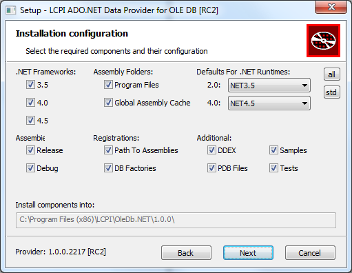 Screenshot of "LCPI ADO.NET Data Provider for OLE DB" EXE installer. Page of components configuration.