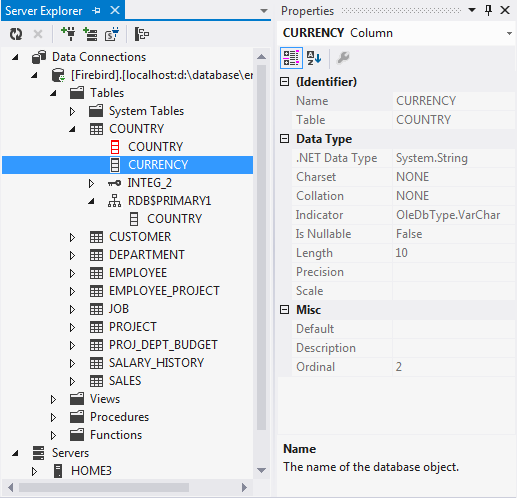 Screenshot. Visual Studio 2012. Server Explorer with "LCPI ADO.NET DDEX Provider". Viewing of standard Firebird database - employee.fdb.