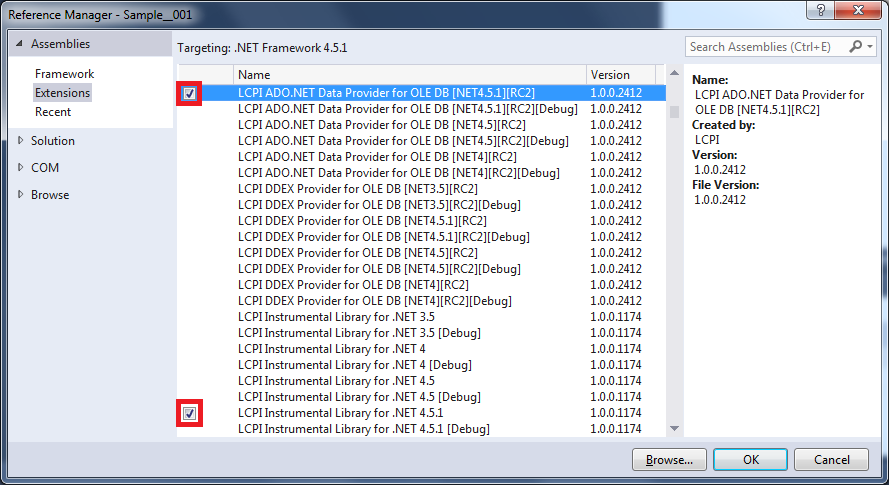 Visual Studio. Подключение сборок LCPI ADO.NET провайдера к проекту.