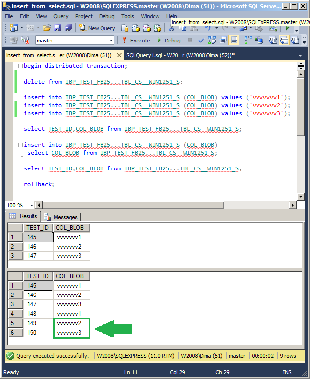 MSSQL Management Studio. Screenshot. Demonstration of correct work.