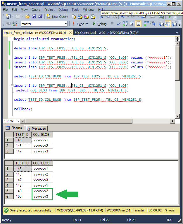 MSSQL Management Studio. Screenshot. Демонстрация корректной работы.